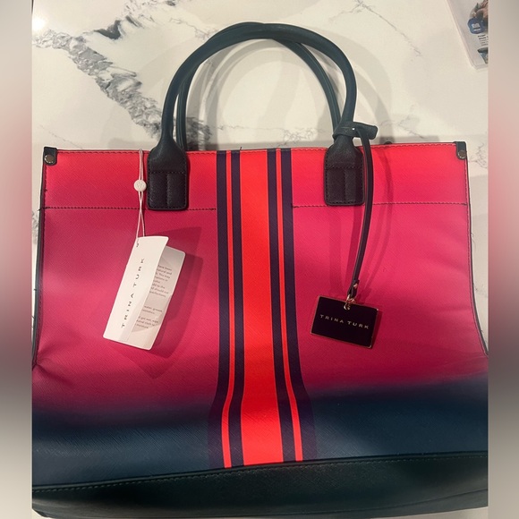 Trina Turk Pink to Navy Ombre Stripe Tote with Black Handles